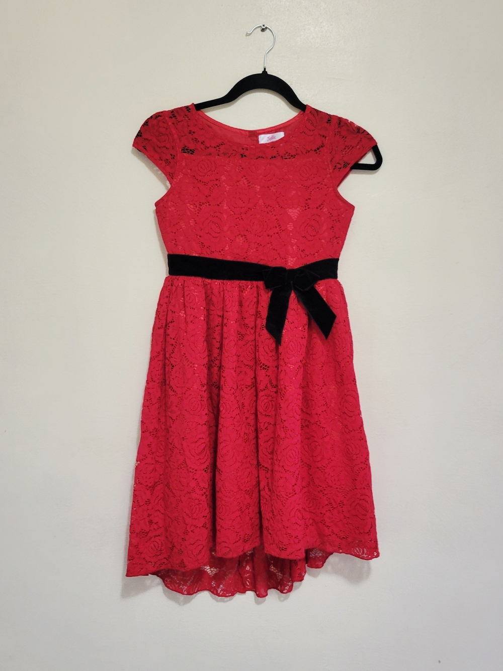 Justice Red Lace Dress with Black Velvet Waist Bow